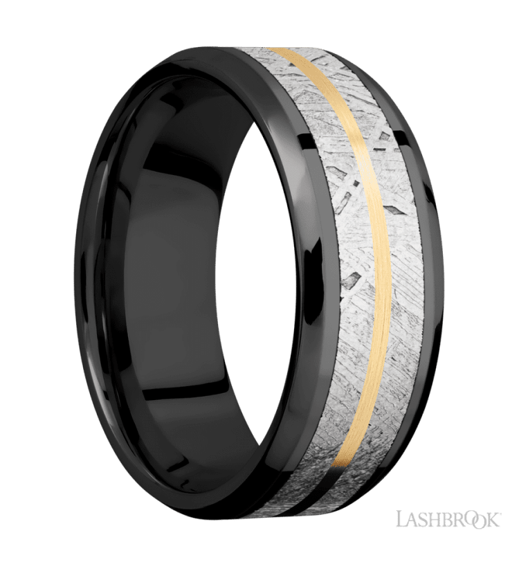 8 mm wide/Beveled/Zirconium band featuring inlays of Meteorite and 14K Yellow Gold. - Diamonds By Rothschild