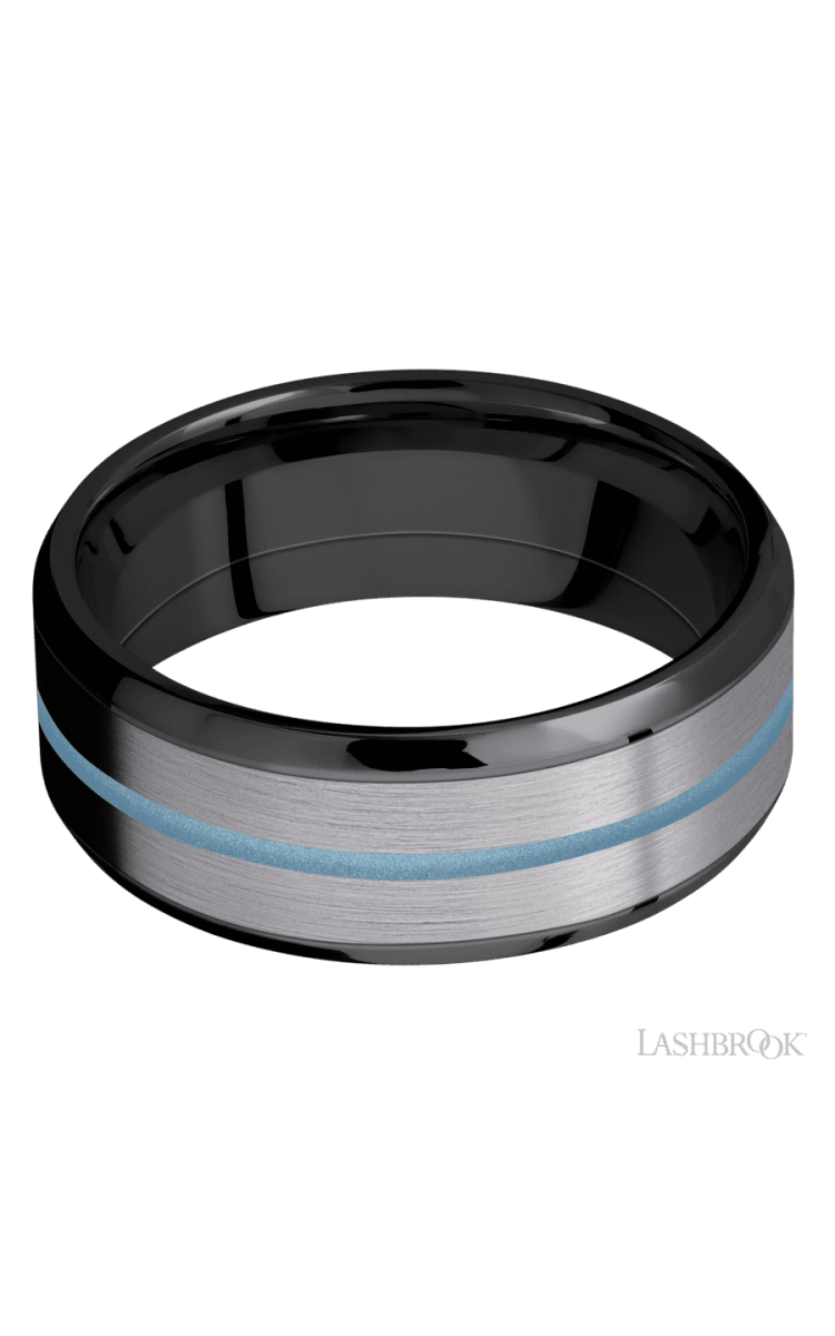 8 mm wide/Beveled/Zirconium band featuring inlays of Tantalum and Polar Blue. - Diamonds By Rothschild