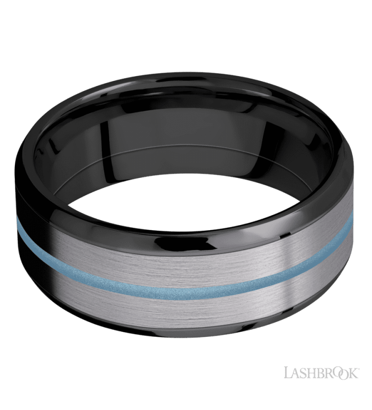 8 mm wide/Beveled/Zirconium band featuring inlays of Tantalum and Polar Blue. - Diamonds By Rothschild