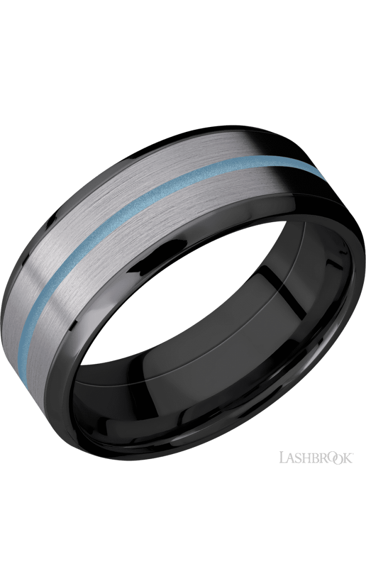 8 mm wide/Beveled/Zirconium band featuring inlays of Tantalum and Polar Blue. - Diamonds By Rothschild