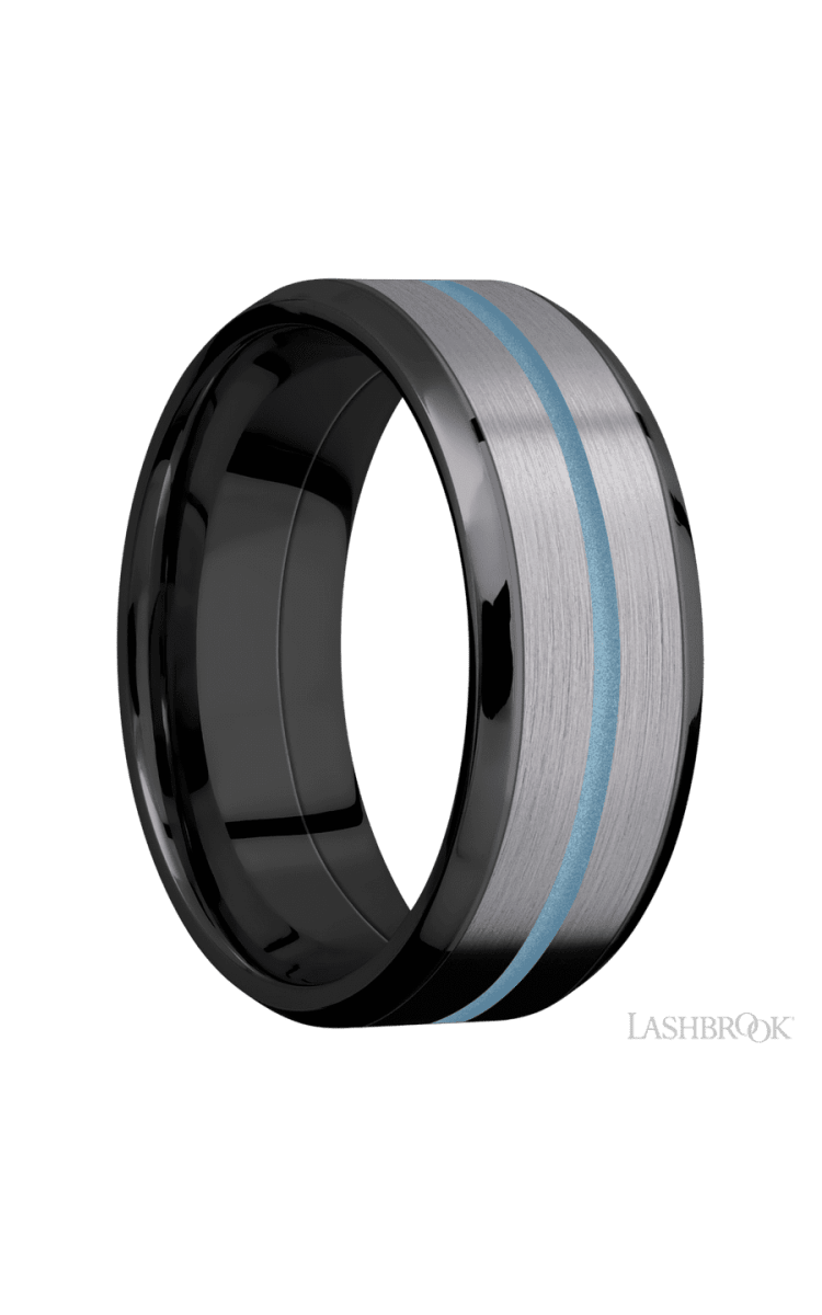 8 mm wide/Beveled/Zirconium band featuring inlays of Tantalum and Polar Blue. - Diamonds By Rothschild
