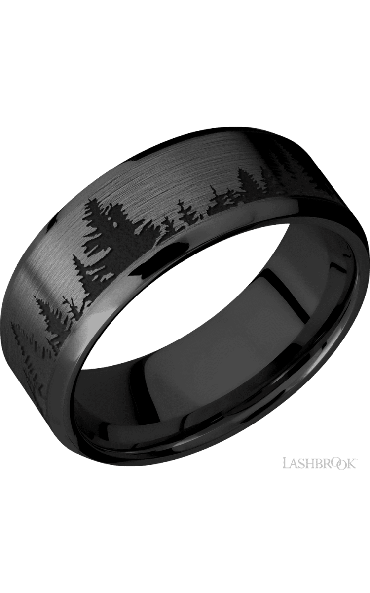 8 mm wide/Beveled/Zirconium band with a laser carved Trees pattern. - Diamonds By Rothschild