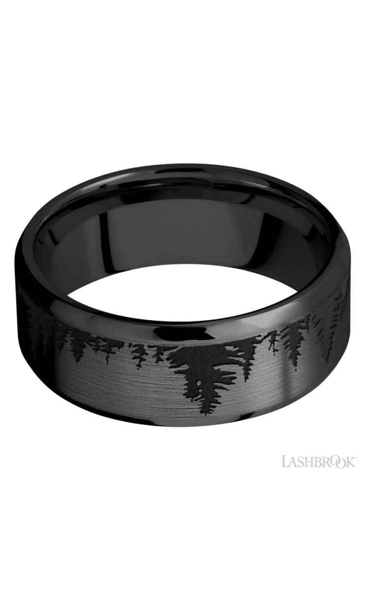 8 mm wide/Beveled/Zirconium band with a laser carved Trees pattern. - Diamonds By Rothschild