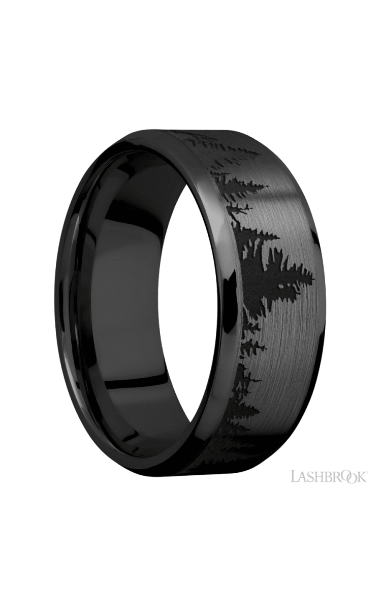 8 mm wide/Beveled/Zirconium band with a laser carved Trees pattern. - Diamonds By Rothschild