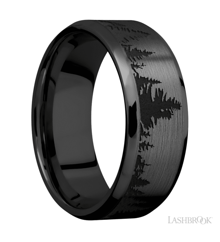 8 mm wide/Beveled/Zirconium band with a laser carved Trees pattern. - Diamonds By Rothschild