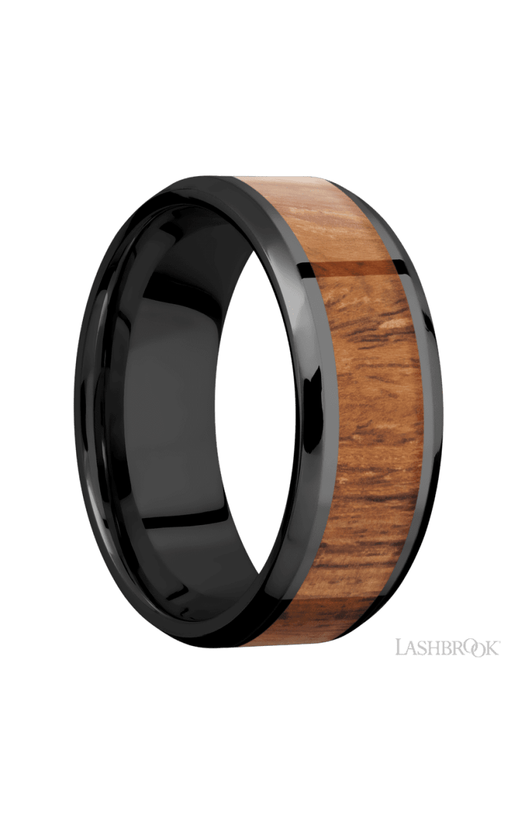 8 mm wide/Beveled/Zirconium band with one 5 mm Centered inlay of Desert Iron Wood. - Diamonds By Rothschild