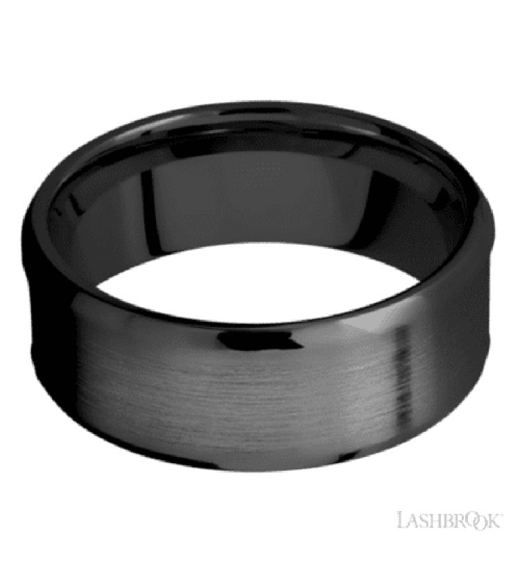 8 mm wide/Beveled/Zirconium band with one 5 mm Centered inlay of Desert Iron Wood. - Diamonds By Rothschild