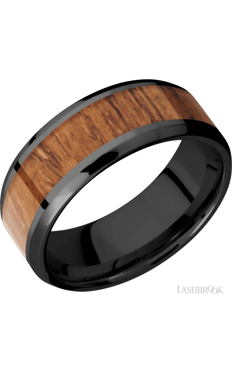 8 mm wide/Beveled/Zirconium band with one 5 mm Centered inlay of Desert Iron Wood. - Diamonds By Rothschild