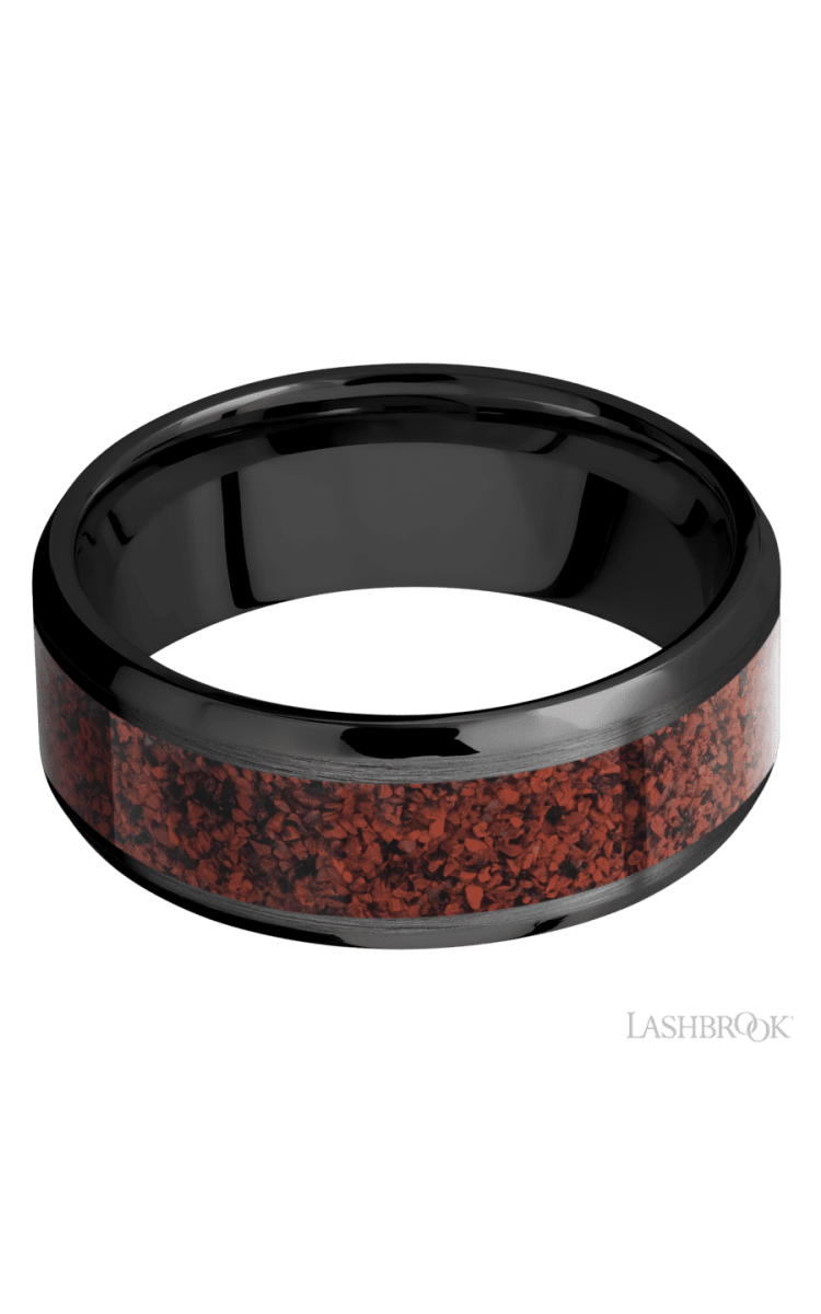 8 mm wide/Beveled/Zirconium band with one 5 mm Centered inlay of Dinosaur Bone Red. - Diamonds By Rothschild