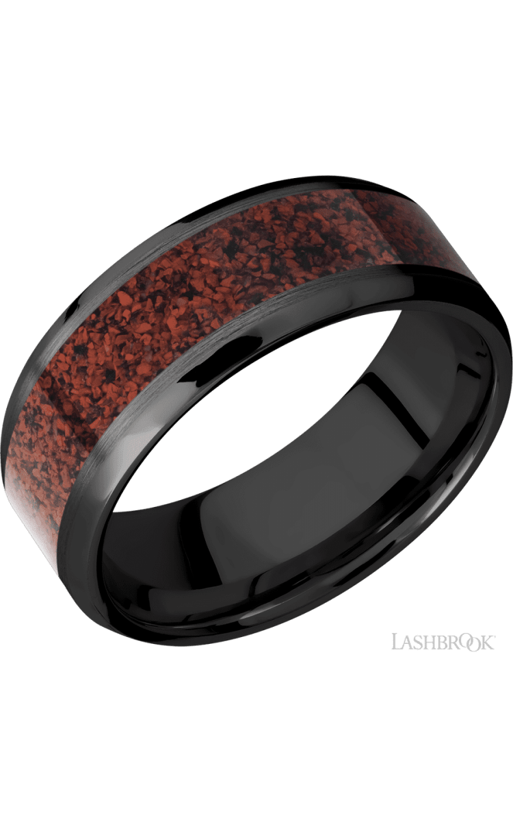 8 mm wide/Beveled/Zirconium band with one 5 mm Centered inlay of Dinosaur Bone Red. - Diamonds By Rothschild