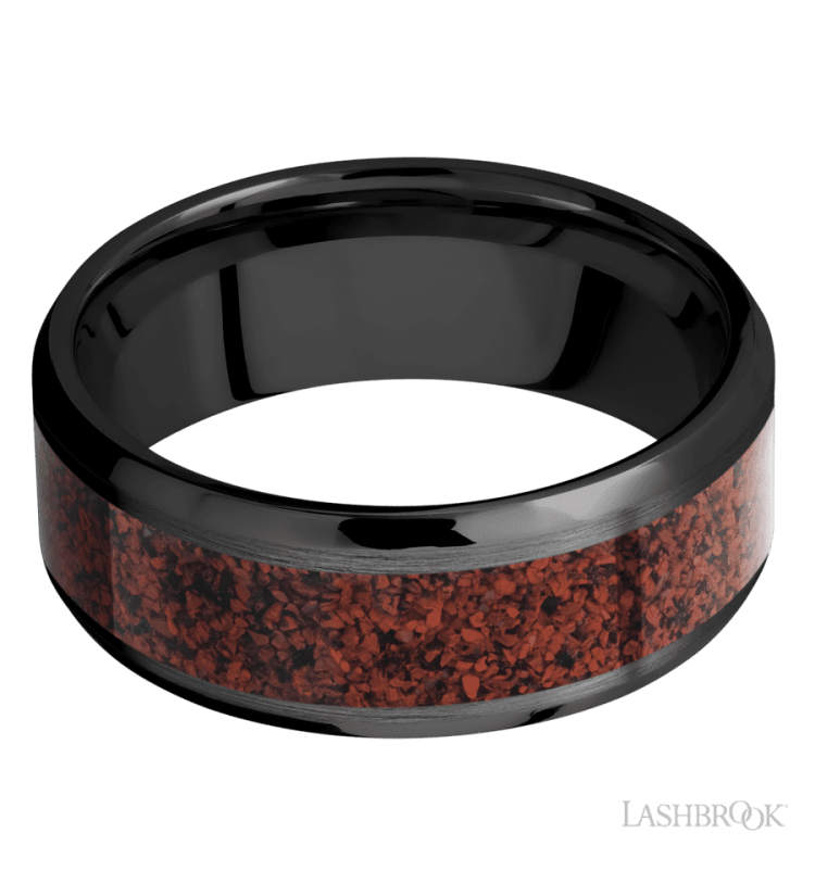 8 mm wide/Beveled/Zirconium band with one 5 mm Centered inlay of Dinosaur Bone Red. - Diamonds By Rothschild