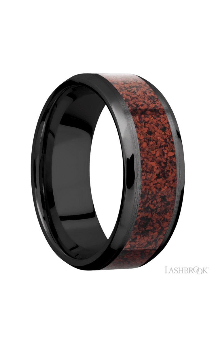 8 mm wide/Beveled/Zirconium band with one 5 mm Centered inlay of Dinosaur Bone Red. - Diamonds By Rothschild