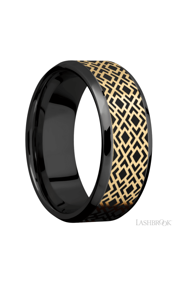 8 mm wide/Beveled/Zirconium band with one 6 mm Centered inlay of 14K Yellow Gold with a laser carved Trellis 2 pattern. - Diamonds By Rothschild