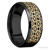 8 mm wide/Beveled/Zirconium band with one 6 mm Centered inlay of 14K Yellow Gold with a laser carved Trellis 2 pattern. - Diamonds By Rothschild