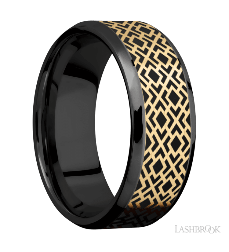 8 mm wide/Beveled/Zirconium band with one 6 mm Centered inlay of 14K Yellow Gold with a laser carved Trellis 2 pattern. - Diamonds By Rothschild