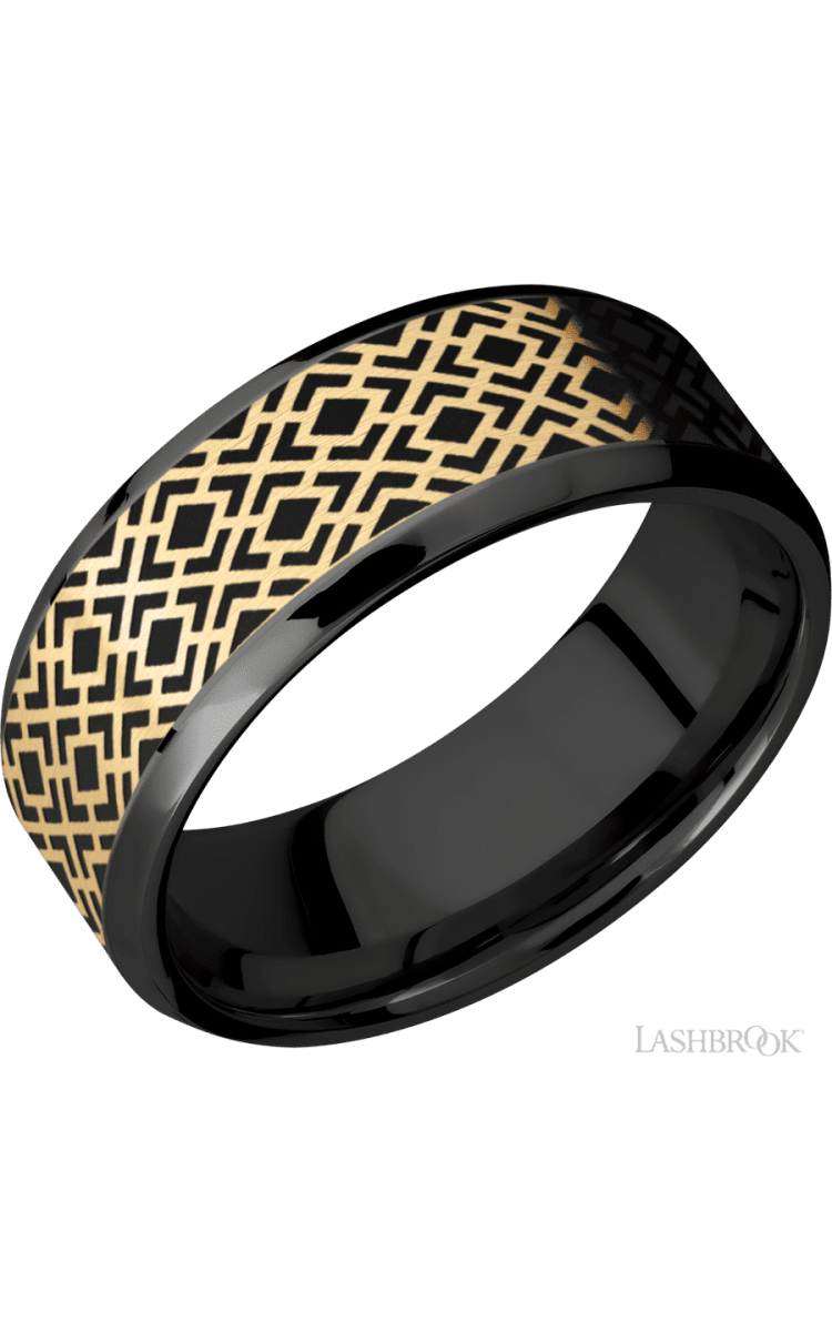 8 mm wide/Beveled/Zirconium band with one 6 mm Centered inlay of 14K Yellow Gold with a laser carved Trellis 2 pattern. - Diamonds By Rothschild