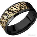 8 mm wide/Beveled/Zirconium band with one 6 mm Centered inlay of 14K Yellow Gold with a laser carved Trellis 2 pattern. - Diamonds By Rothschild
