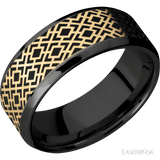 8 mm wide/Beveled/Zirconium band with one 6 mm Centered inlay of 14K Yellow Gold with a laser carved Trellis 2 pattern. - Diamonds By Rothschild