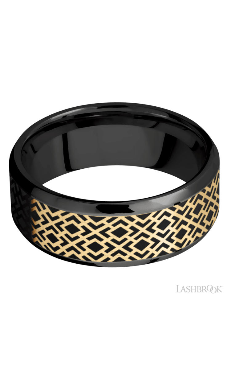 8 mm wide/Beveled/Zirconium band with one 6 mm Centered inlay of 14K Yellow Gold with a laser carved Trellis 2 pattern. - Diamonds By Rothschild