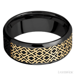 8 mm wide/Beveled/Zirconium band with one 6 mm Centered inlay of 14K Yellow Gold with a laser carved Trellis 2 pattern. - Diamonds By Rothschild