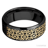 8 mm wide/Beveled/Zirconium band with one 6 mm Centered inlay of 14K Yellow Gold with a laser carved Trellis 2 pattern. - Diamonds By Rothschild