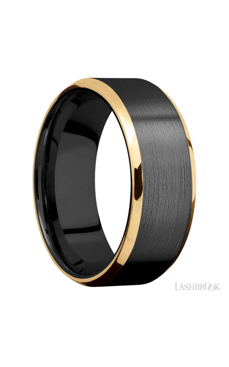 8 mm wide/Beveled/Zirconium band with two 1 mm Edge inlays of 14K Yellow Gold. - Diamonds By Rothschild