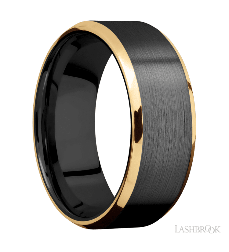 8 mm wide/Beveled/Zirconium band with two 1 mm Edge inlays of 14K Yellow Gold. - Diamonds By Rothschild