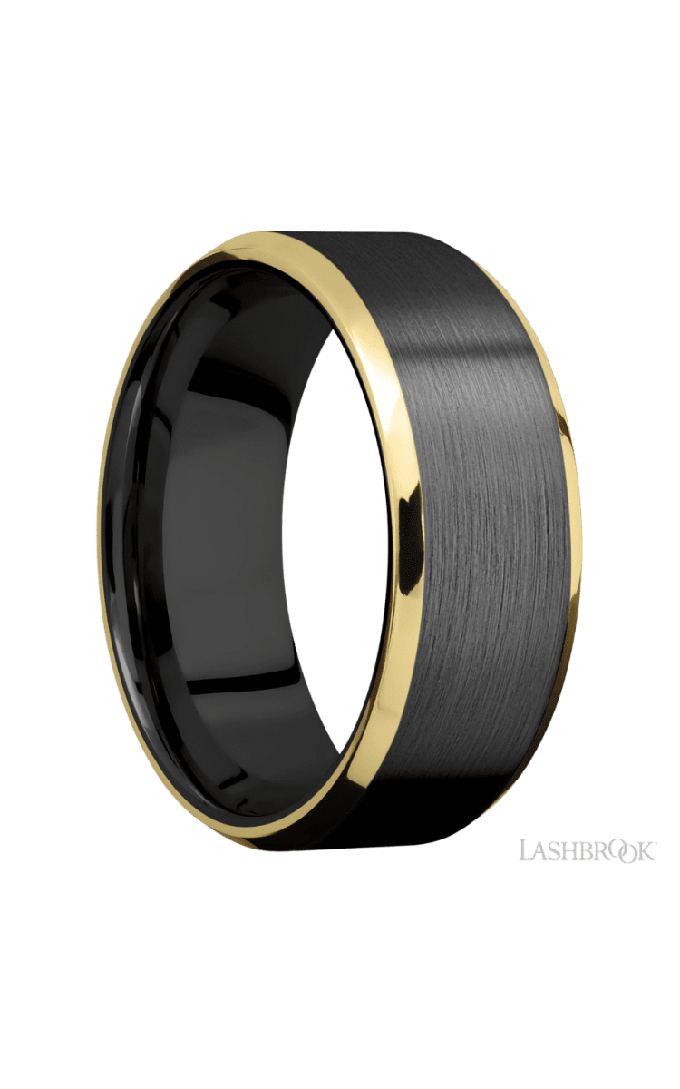8 mm wide/Beveled/Zirconium band with two 1 mm Edge inlays of 14K Yellow Gold. - Diamonds By Rothschild