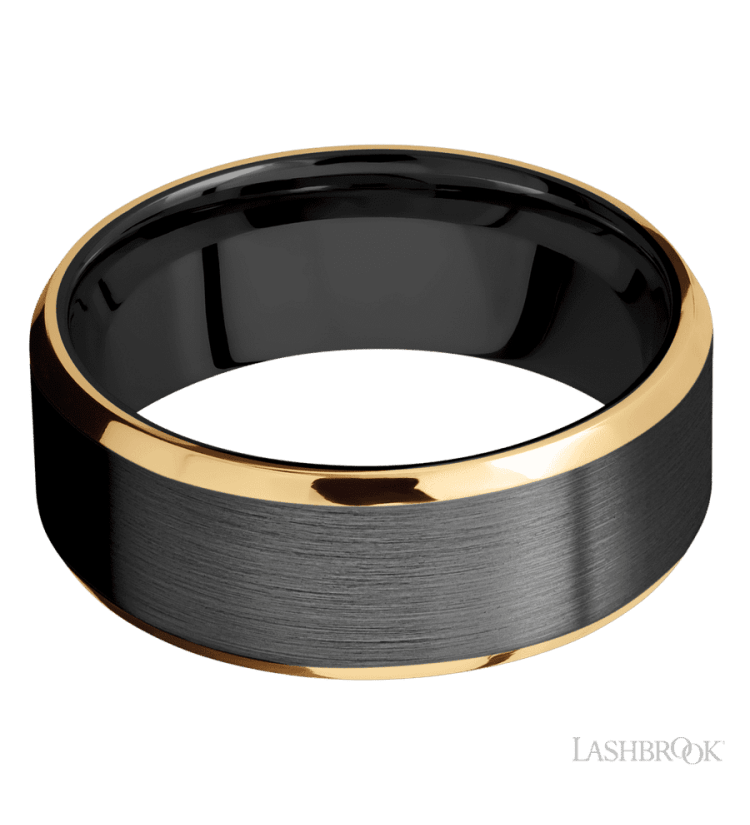 8 mm wide/Beveled/Zirconium band with two 1 mm Edge inlays of 14K Yellow Gold. - Diamonds By Rothschild