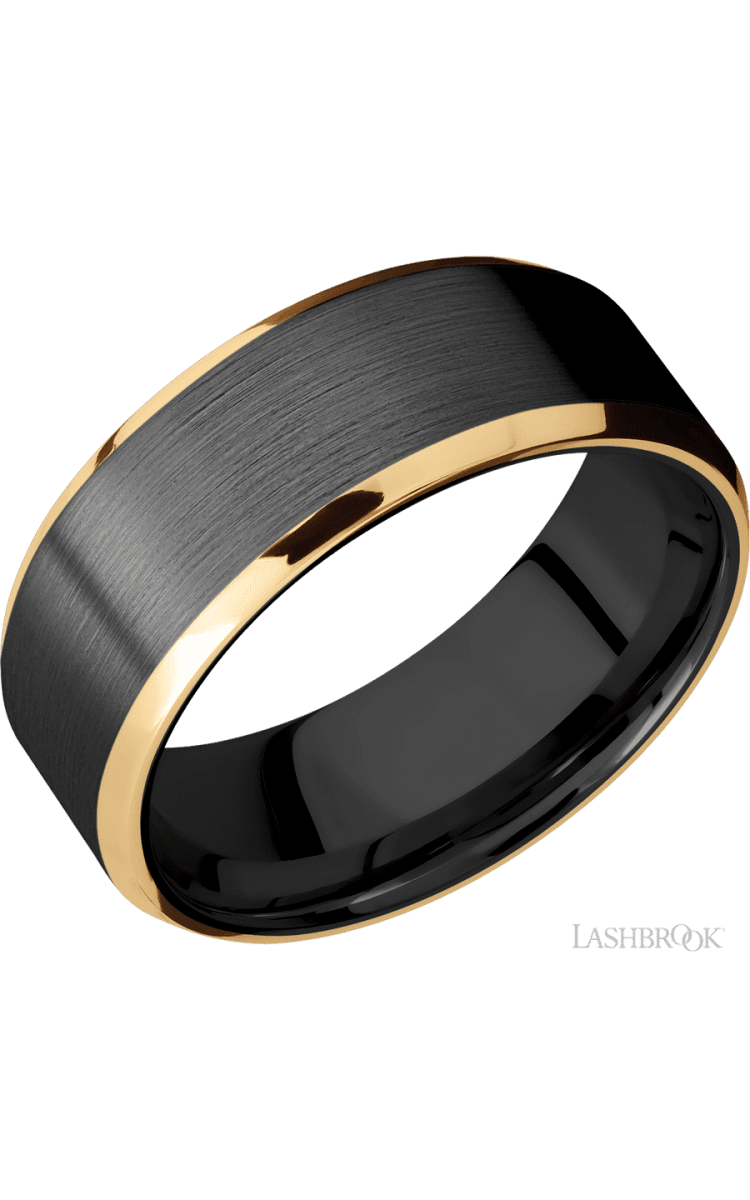 8 mm wide/Beveled/Zirconium band with two 1 mm Edge inlays of 14K Yellow Gold. - Diamonds By Rothschild