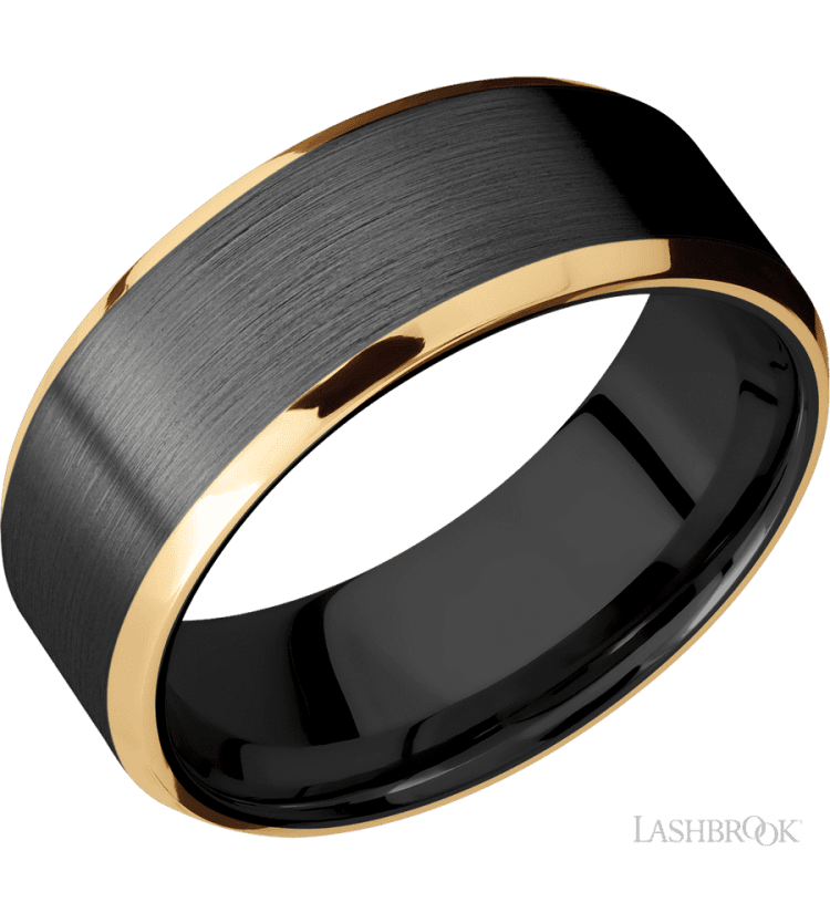 8 mm wide/Beveled/Zirconium band with two 1 mm Edge inlays of 14K Yellow Gold. - Diamonds By Rothschild