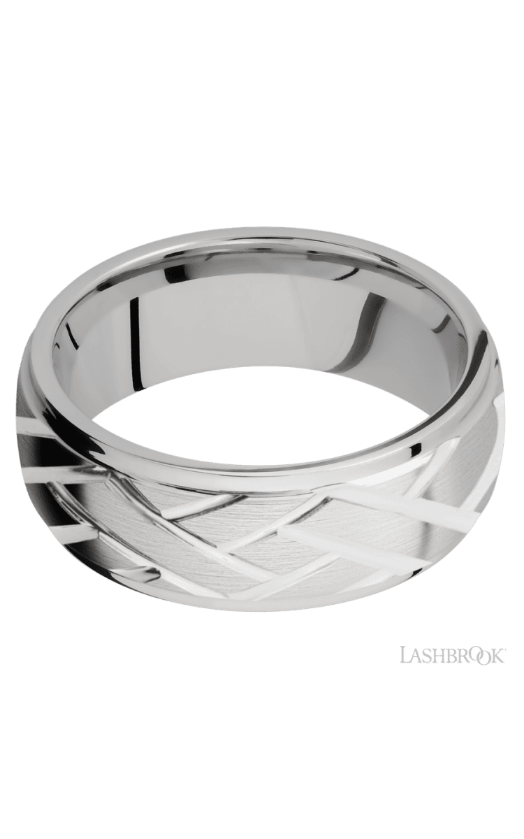8 mm wide/Domed Stepped Down Edges/14K White Gold band with a machined Lattice pattern. - Diamonds By Rothschild