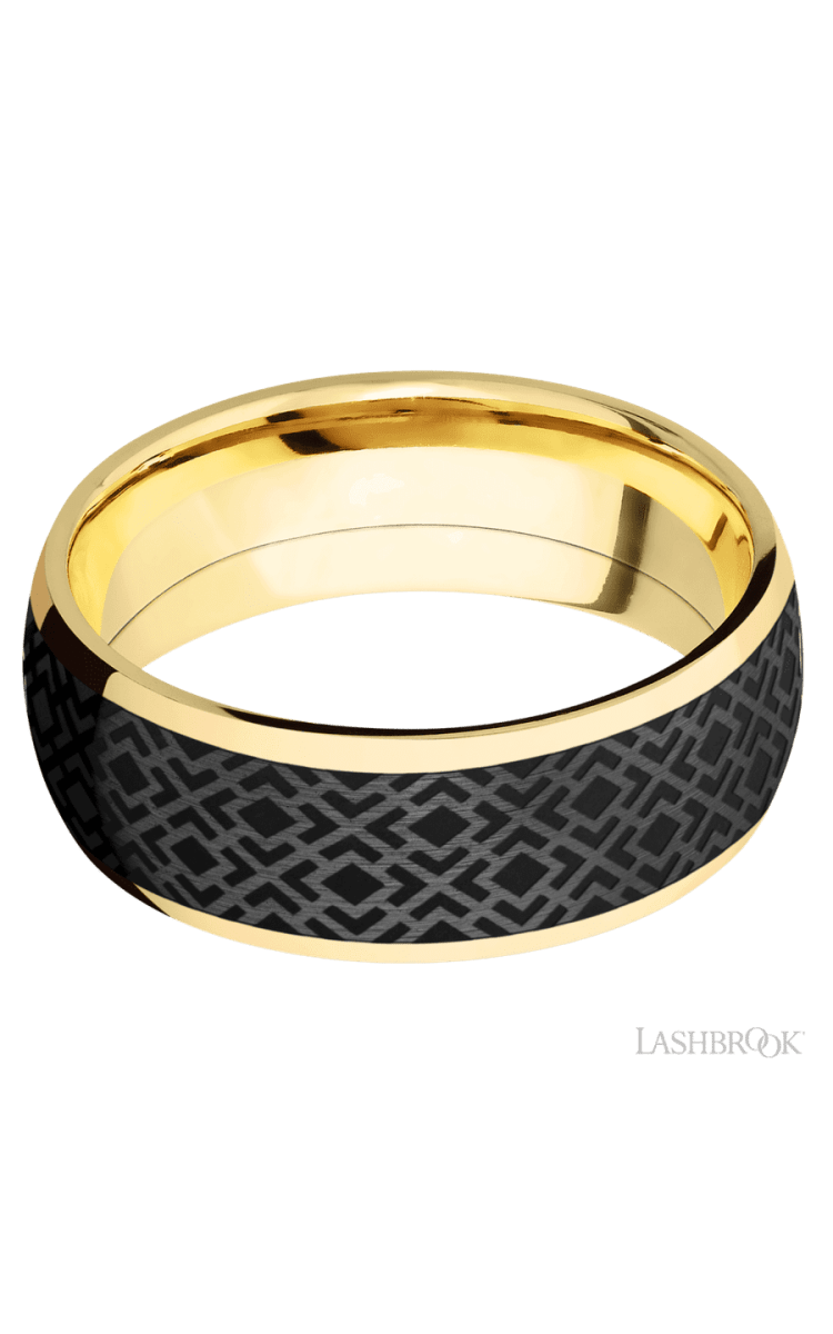 8 mm wide/Domed/14K Yellow Gold band with one 6 mm Centered inlay of Zirconium with a laser carved Trellis 2 pattern. - Diamonds By Rothschild