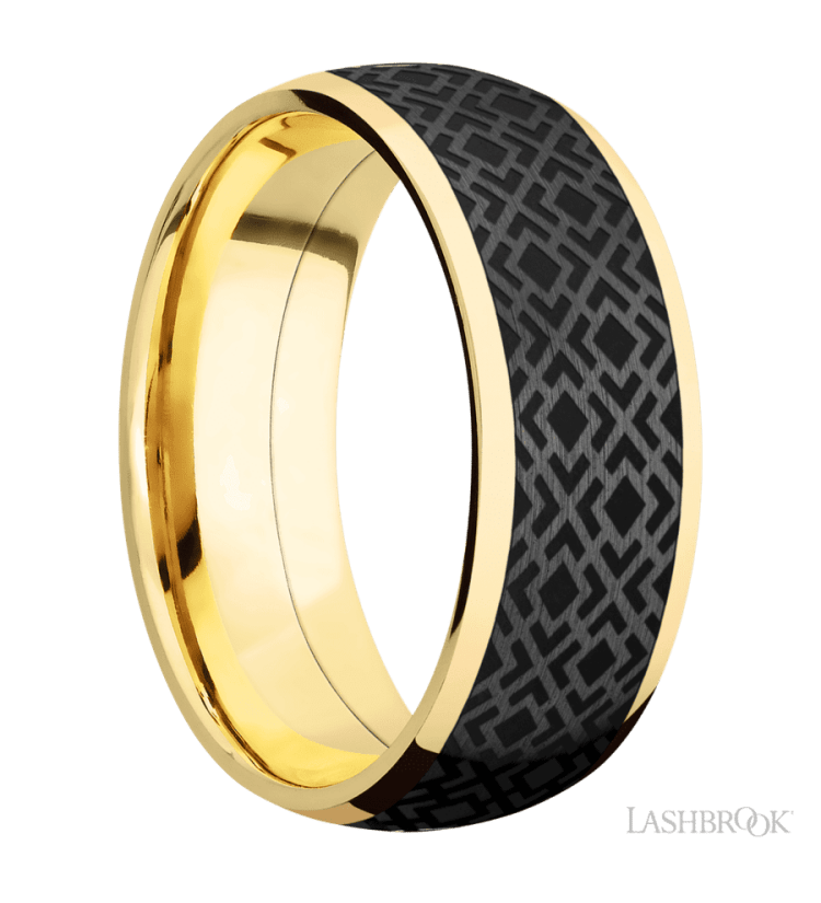 8 mm wide/Domed/14K Yellow Gold band with one 6 mm Centered inlay of Zirconium with a laser carved Trellis 2 pattern. - Diamonds By Rothschild