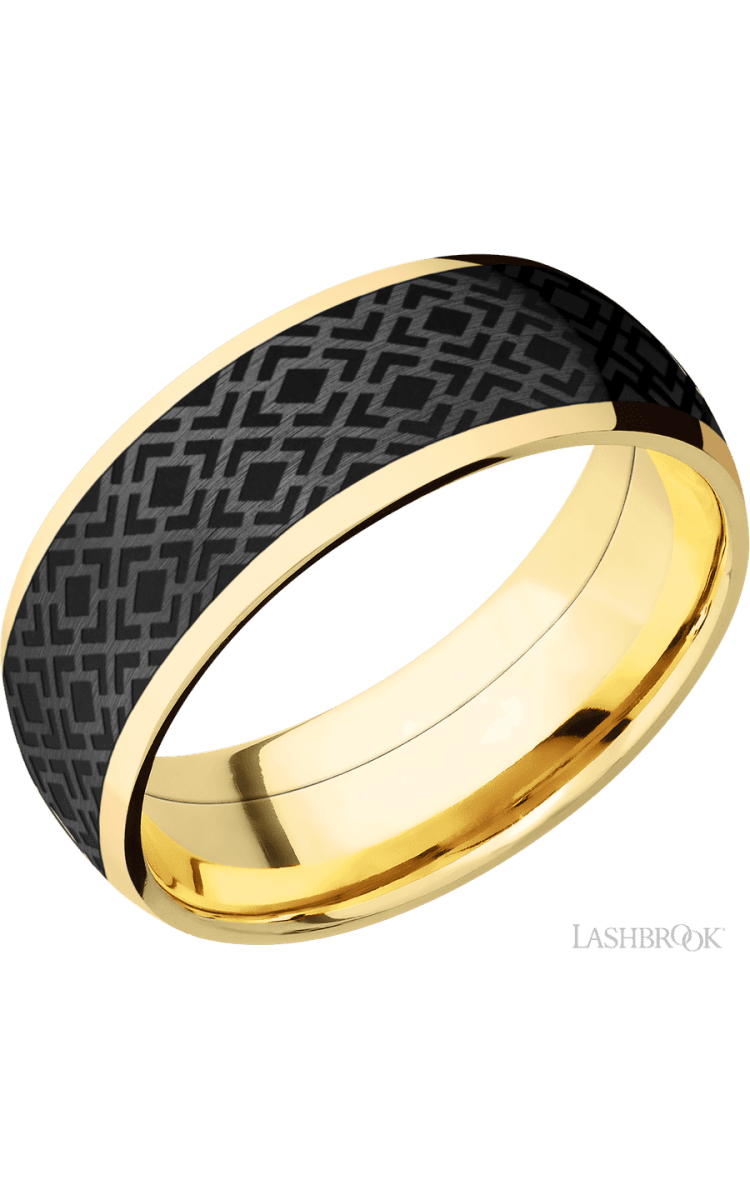 8 mm wide/Domed/14K Yellow Gold band with one 6 mm Centered inlay of Zirconium with a laser carved Trellis 2 pattern. - Diamonds By Rothschild