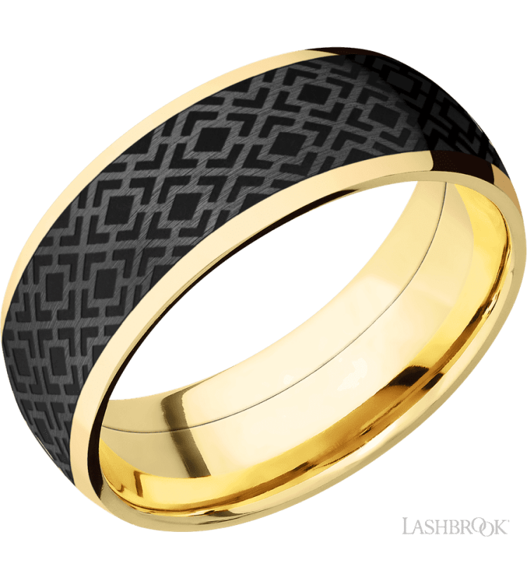 8 mm wide/Domed/14K Yellow Gold band with one 6 mm Centered inlay of Zirconium with a laser carved Trellis 2 pattern. - Diamonds By Rothschild