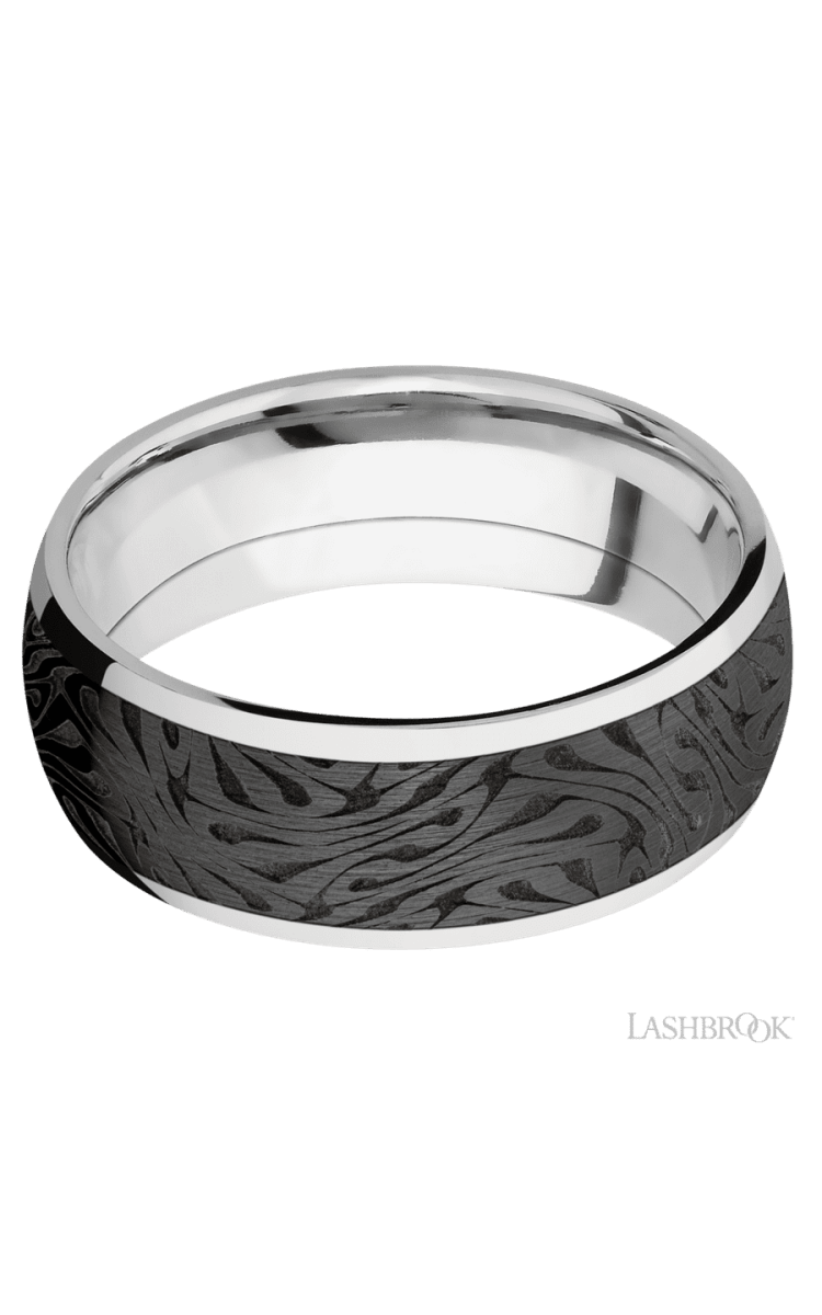 8 mm wide/Domed/Cobalt Chrome band with one 6 mm Centered inlay of Zirconium with a laser carved Escher 1 pattern. - Diamonds By Rothschild