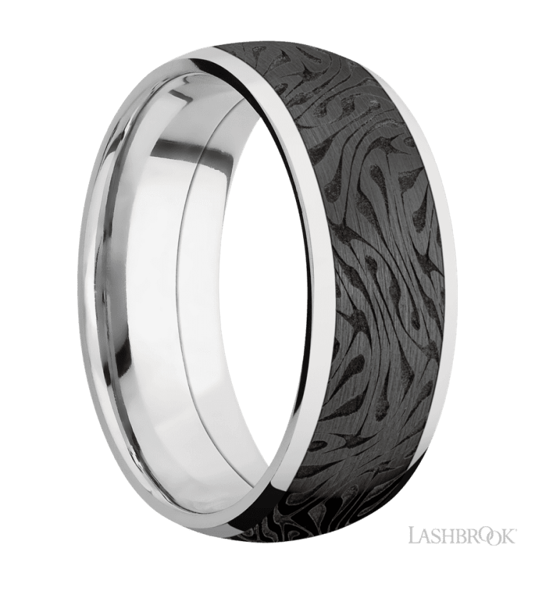 8 mm wide/Domed/Cobalt Chrome band with one 6 mm Centered inlay of Zirconium with a laser carved Escher 1 pattern. - Diamonds By Rothschild