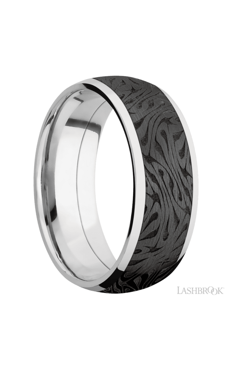 8 mm wide/Domed/Cobalt Chrome band with one 6 mm Centered inlay of Zirconium with a laser carved Escher 1 pattern. - Diamonds By Rothschild