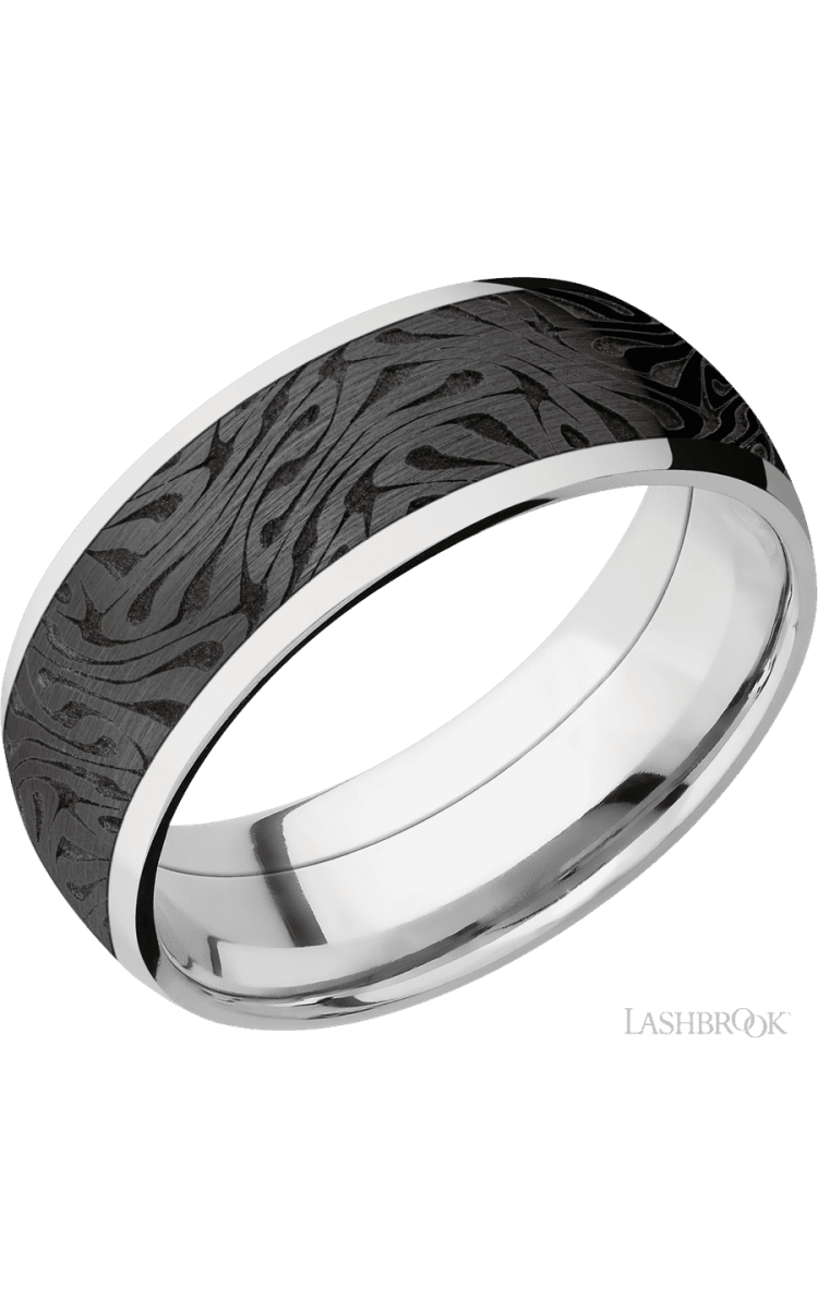 8 mm wide/Domed/Cobalt Chrome band with one 6 mm Centered inlay of Zirconium with a laser carved Escher 1 pattern. - Diamonds By Rothschild