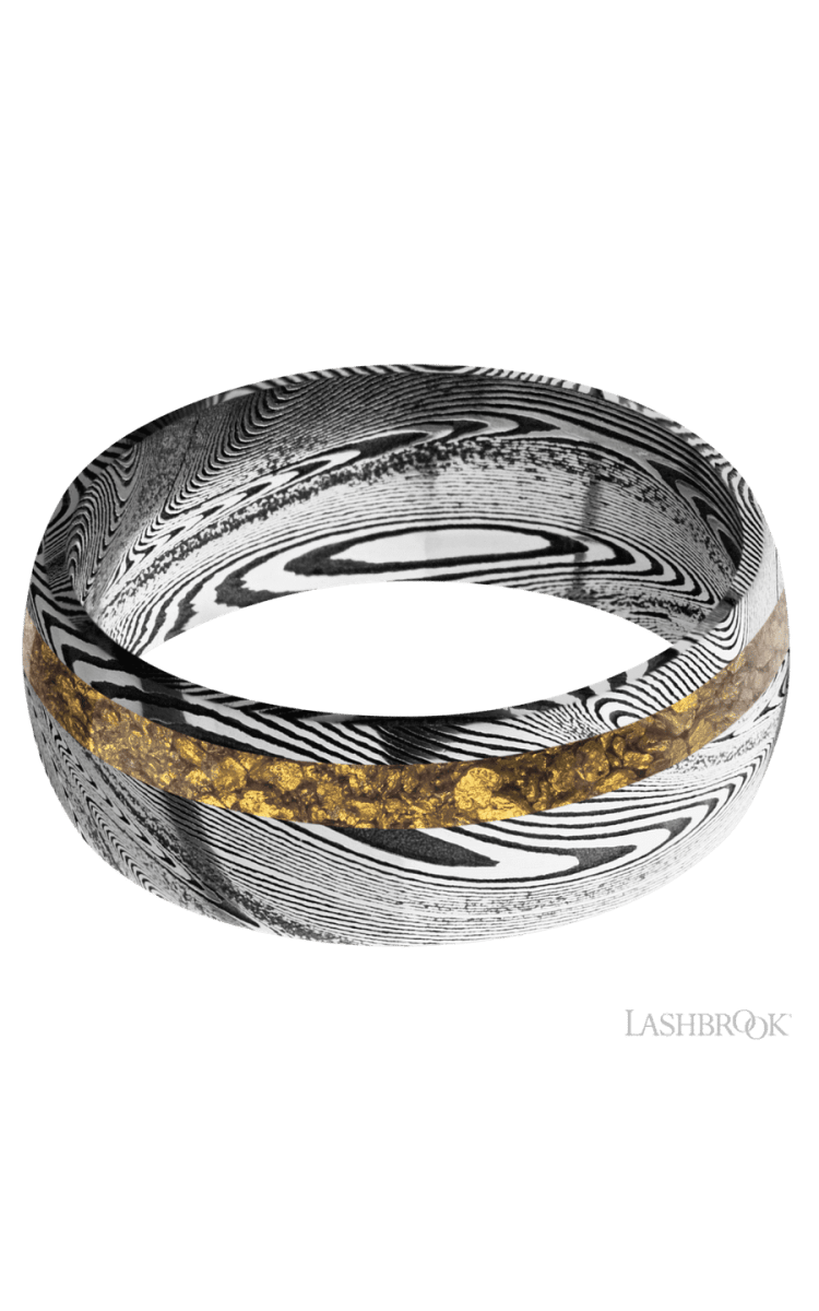 8 mm wide/Domed/Tightweave band with one 2 mm Off Center inlay of Alaskan Gold Nugget. - Diamonds By Rothschild