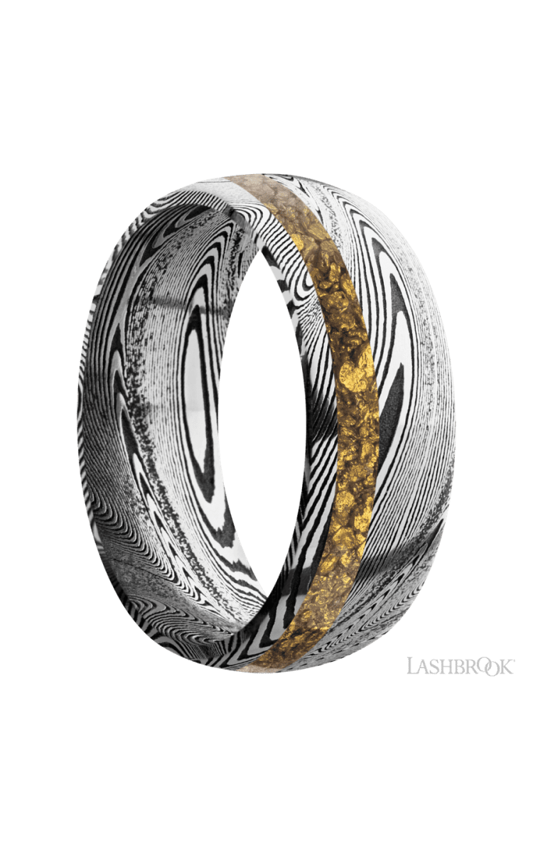 8 mm wide/Domed/Tightweave band with one 2 mm Off Center inlay of Alaskan Gold Nugget. - Diamonds By Rothschild