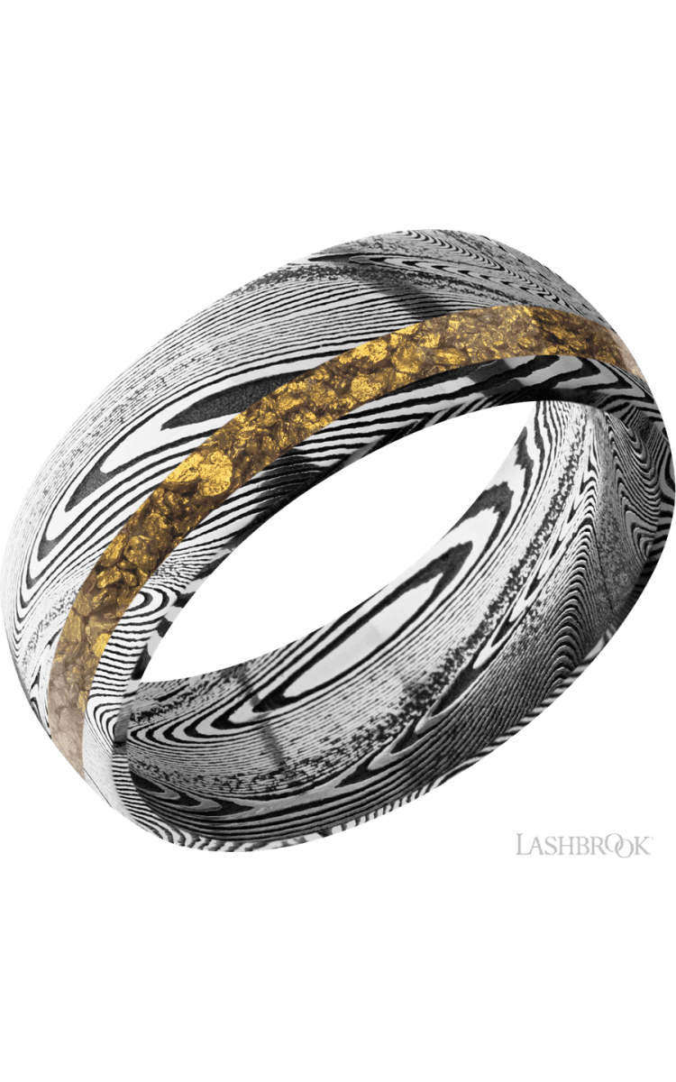 8 mm wide/Domed/Tightweave band with one 2 mm Off Center inlay of Alaskan Gold Nugget. - Diamonds By Rothschild
