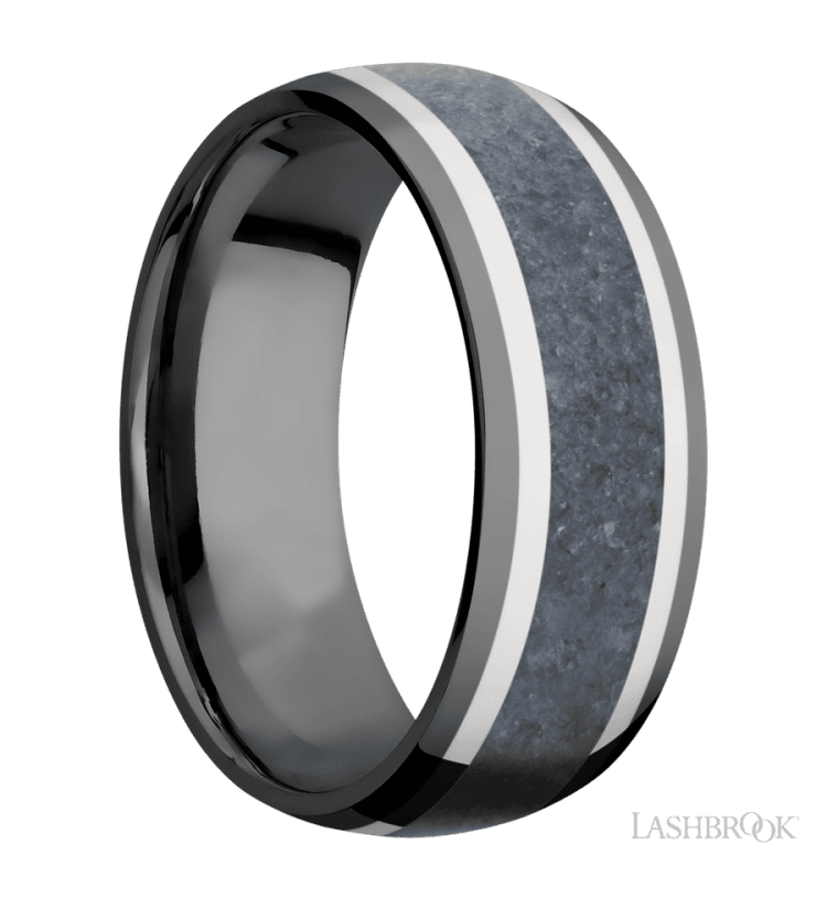 8 mm wide/Domed/Zirconium band featuring inlays of 14K White Gold and Blue Sapphire. - Diamonds By Rothschild