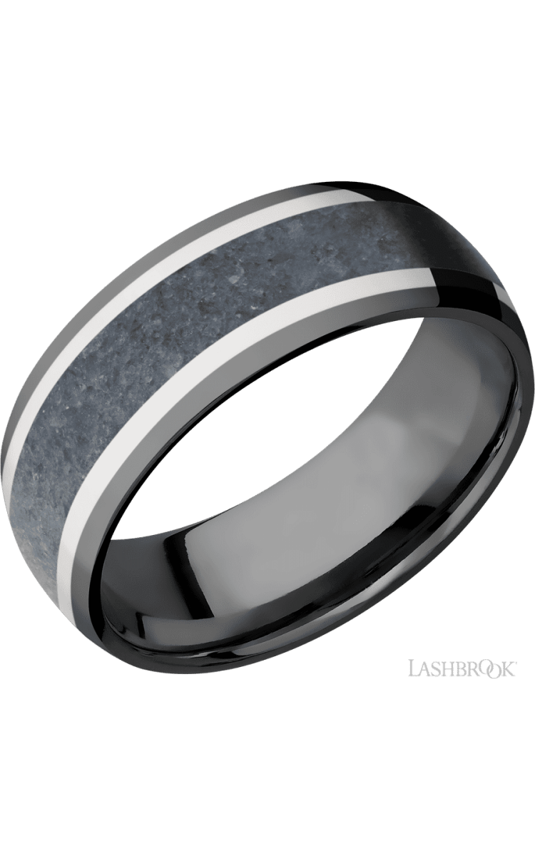 8 mm wide/Domed/Zirconium band featuring inlays of 14K White Gold and Blue Sapphire. - Diamonds By Rothschild