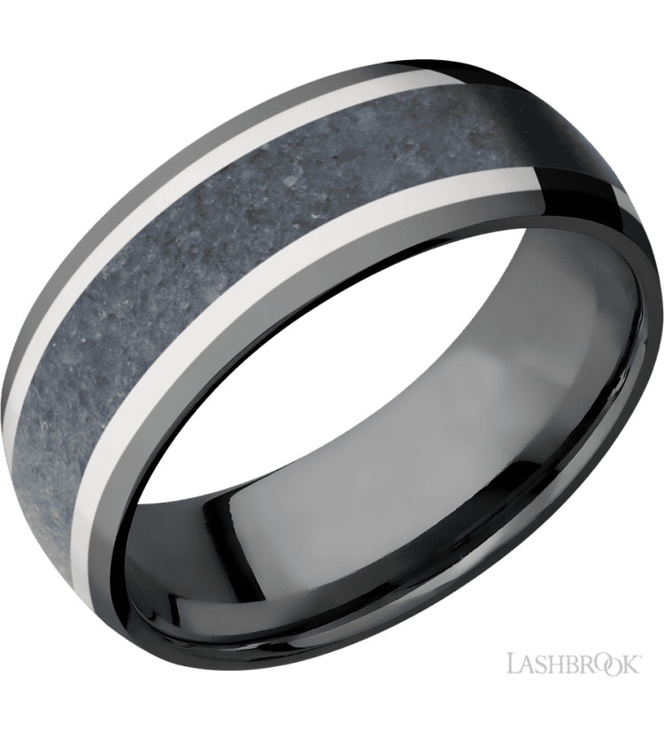 8 mm wide/Domed/Zirconium band featuring inlays of 14K White Gold and Blue Sapphire. - Diamonds By Rothschild