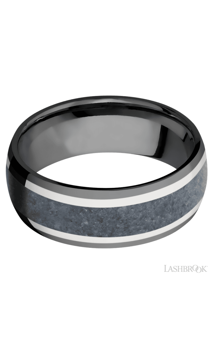 8 mm wide/Domed/Zirconium band featuring inlays of 14K White Gold and Blue Sapphire. - Diamonds By Rothschild