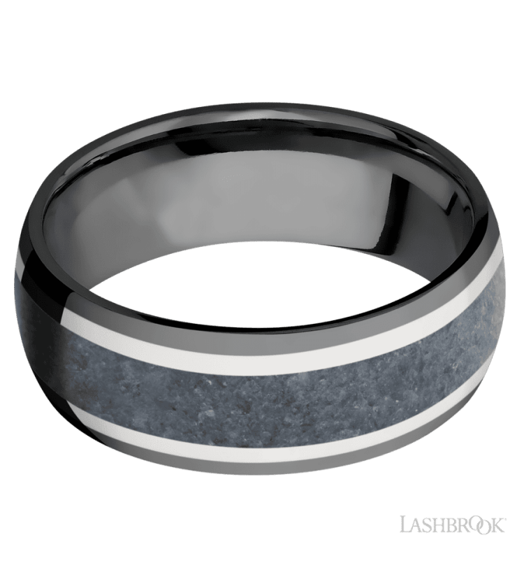 8 mm wide/Domed/Zirconium band featuring inlays of 14K White Gold and Blue Sapphire. - Diamonds By Rothschild
