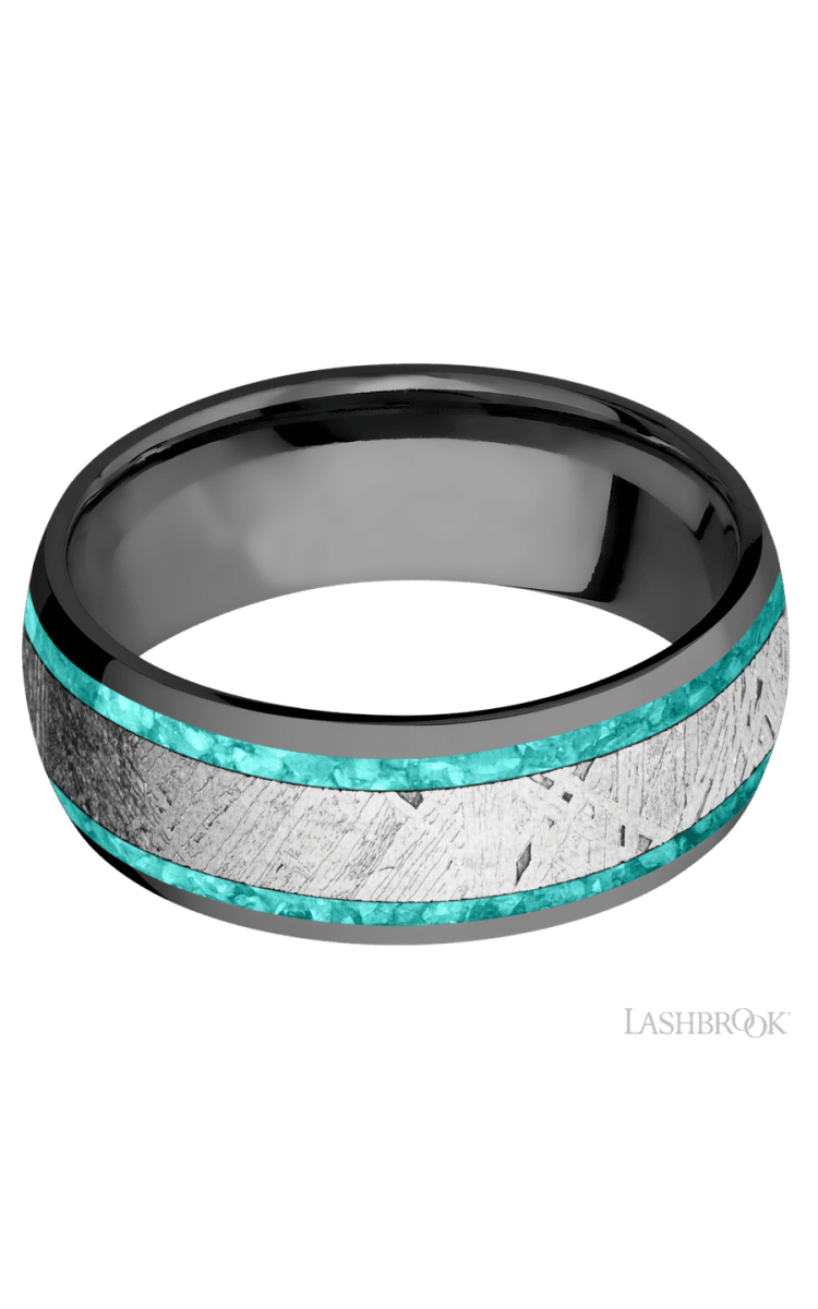 8 mm wide/Domed/Zirconium band featuring inlays of Teal Opal and Meteorite. - Diamonds By Rothschild