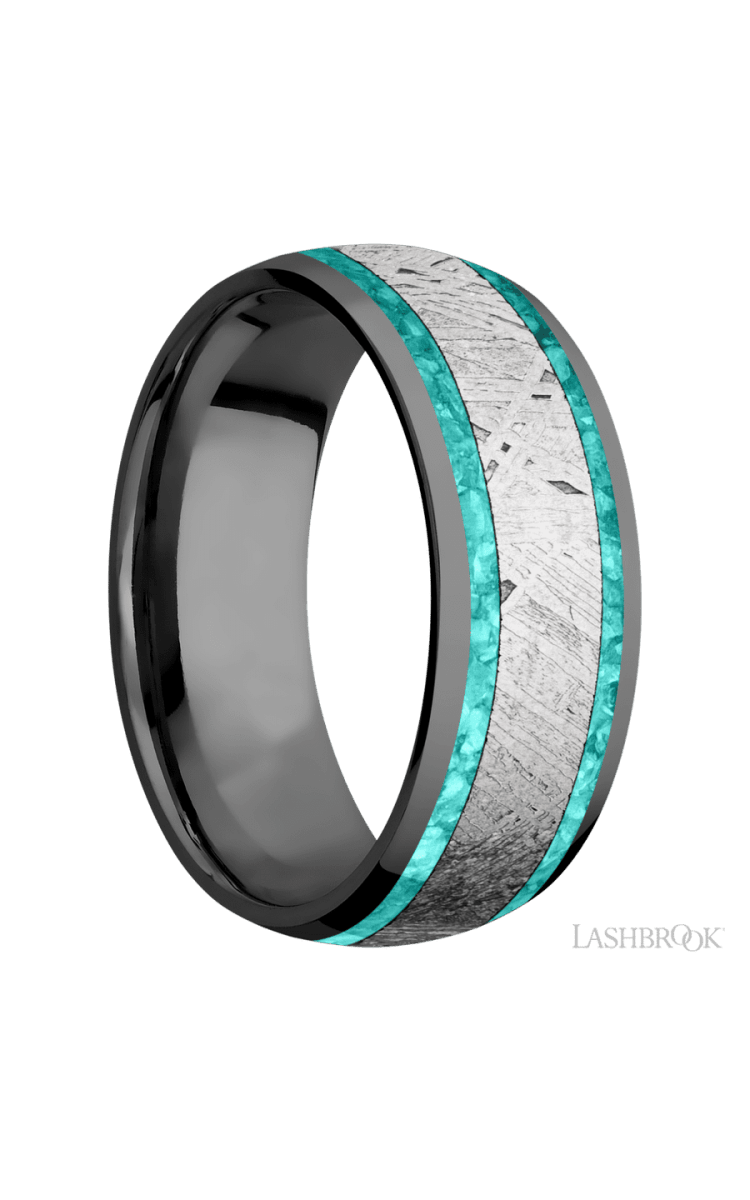 8 mm wide/Domed/Zirconium band featuring inlays of Teal Opal and Meteorite. - Diamonds By Rothschild